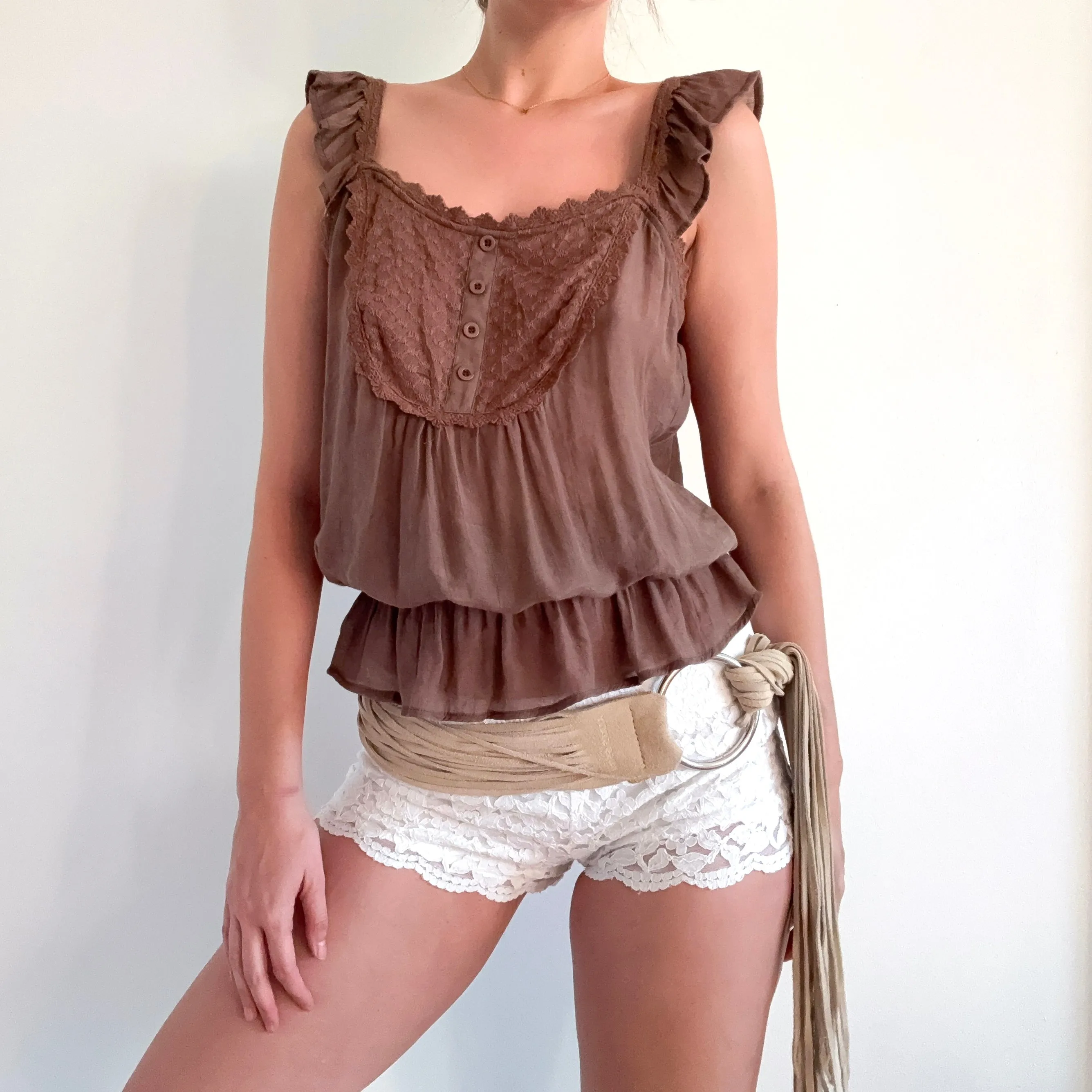 2010's Light Brown Boho Peasant Top / SZ M/L