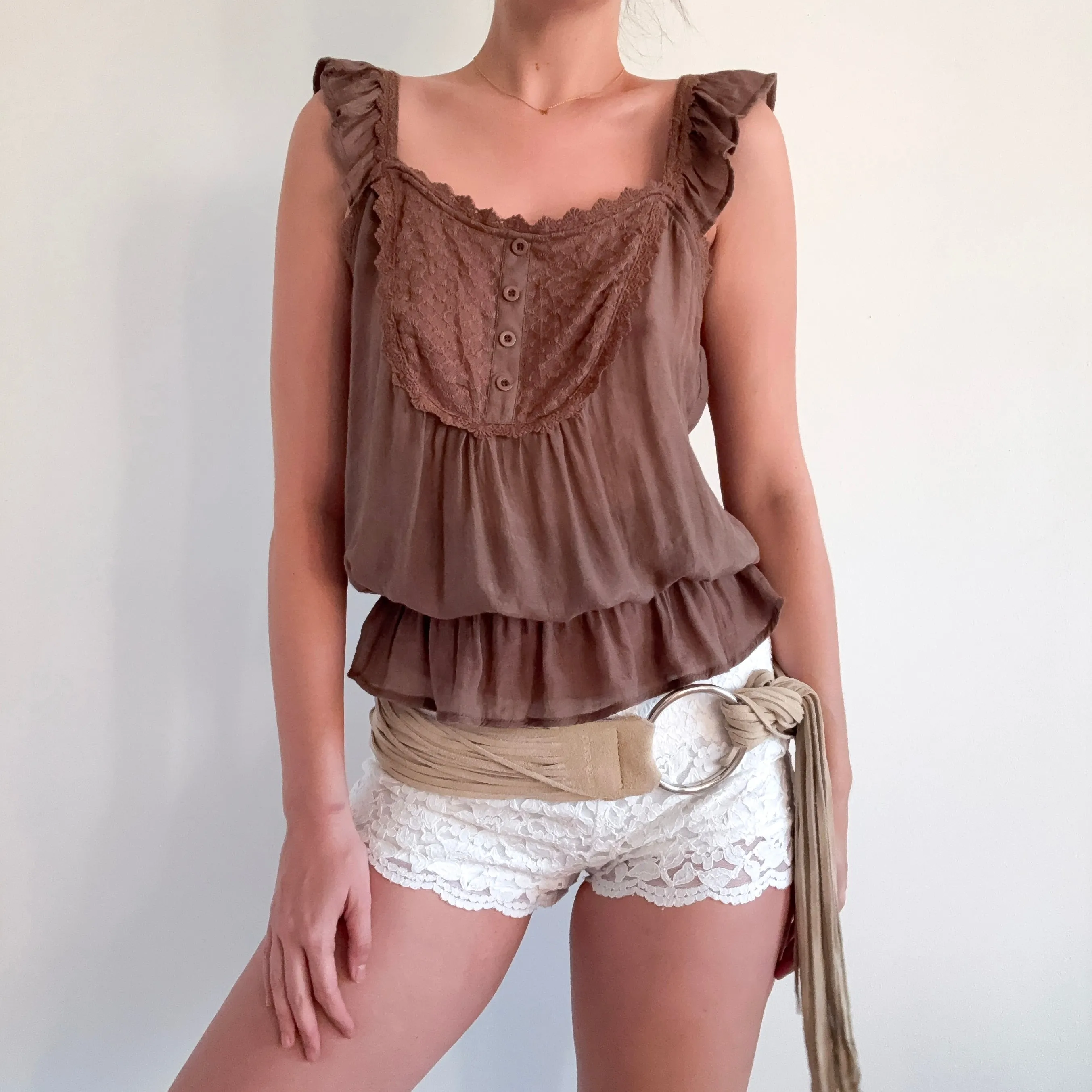 2010's Light Brown Boho Peasant Top / SZ M/L