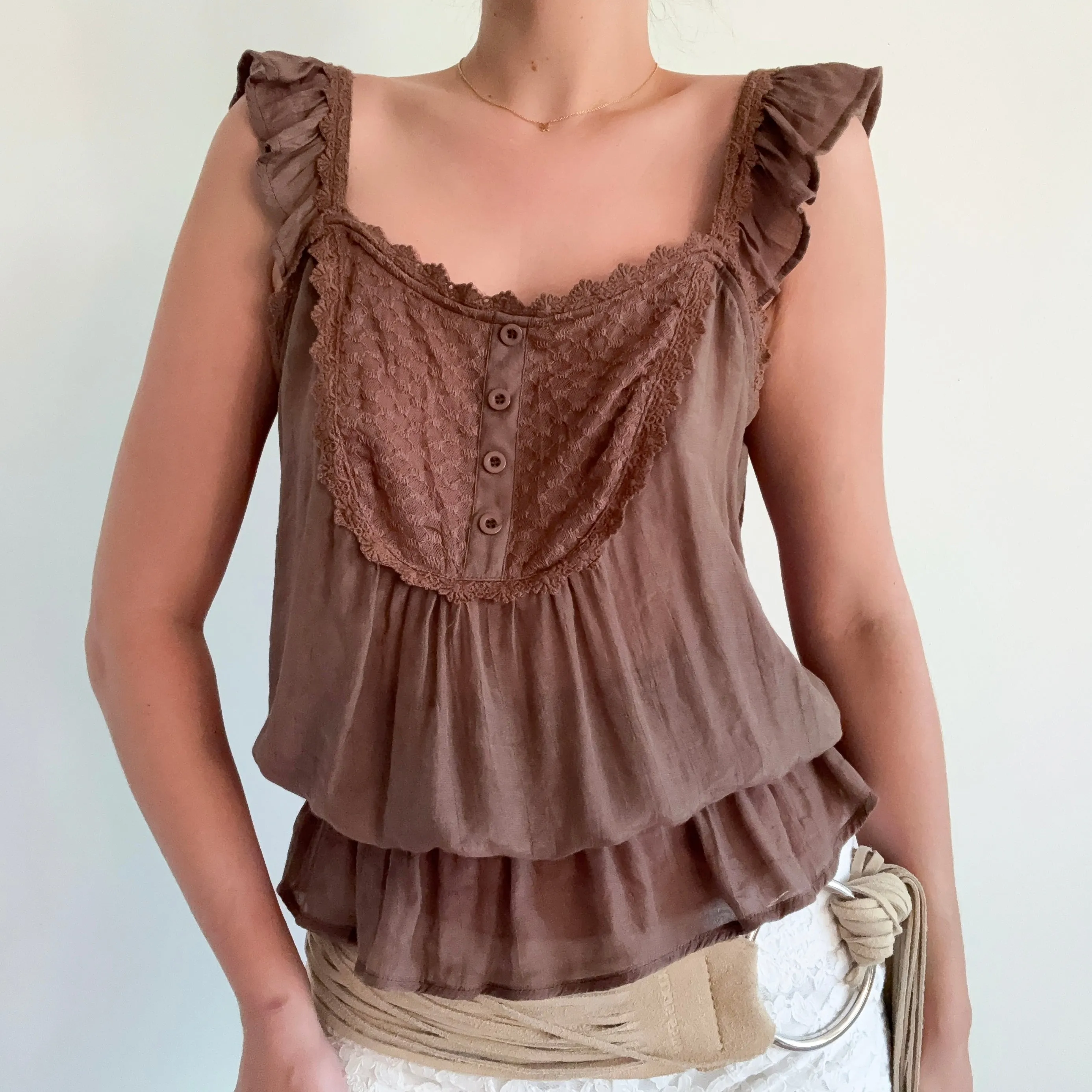 2010's Light Brown Boho Peasant Top / SZ M/L