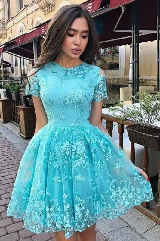 A Line Sleeve Lace Homecoming Charming Prom Dress with Short Sleeves