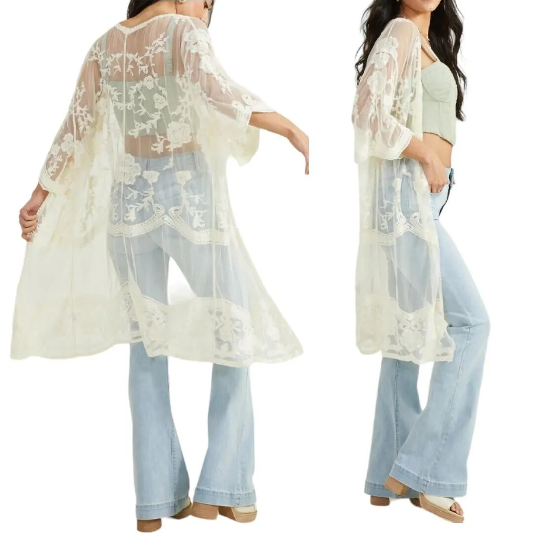 Adiva Boho Embroidered Lace Kimono Open Front Bell Sleeves 45 Long, Medium