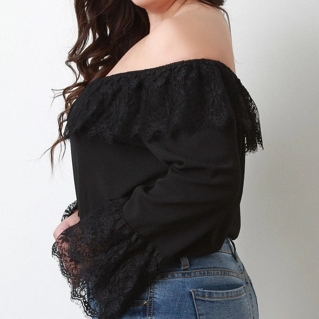 Bell sleeve black Off Shoulder Plus size Tops