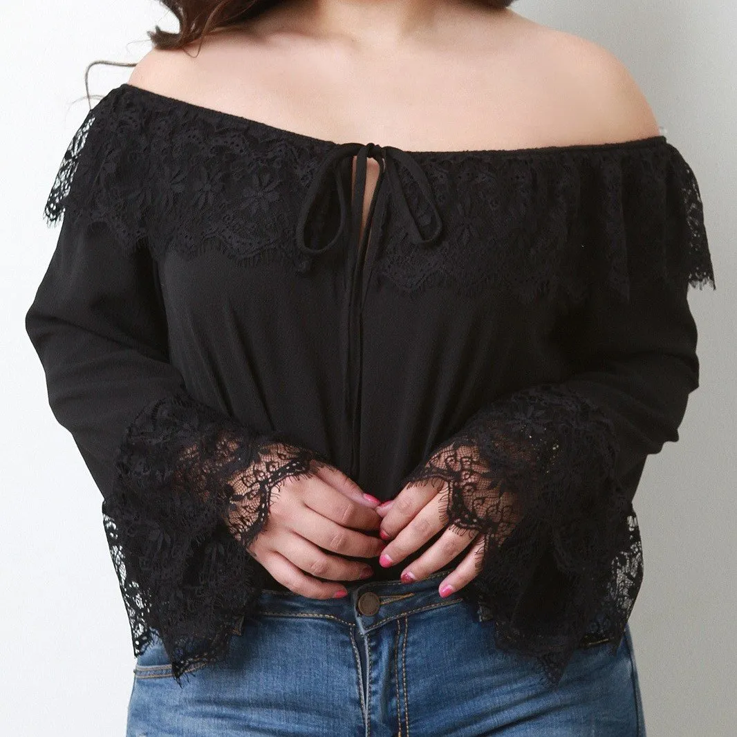 Bell sleeve black Off Shoulder Plus size Tops