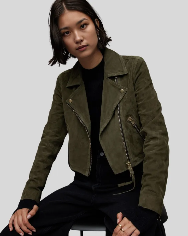 Beyza Olive Green Suede Biker Leather Jacket