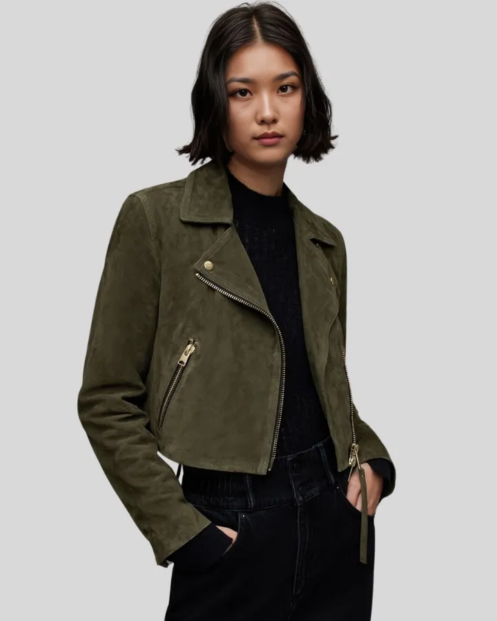 Beyza Olive Green Suede Biker Leather Jacket