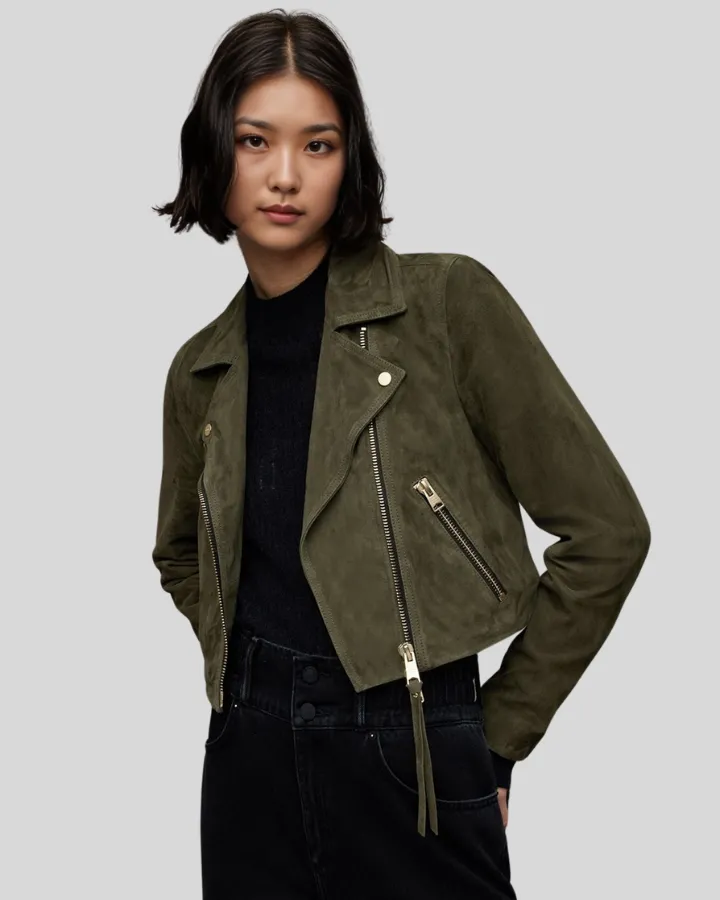 Beyza Olive Green Suede Biker Leather Jacket