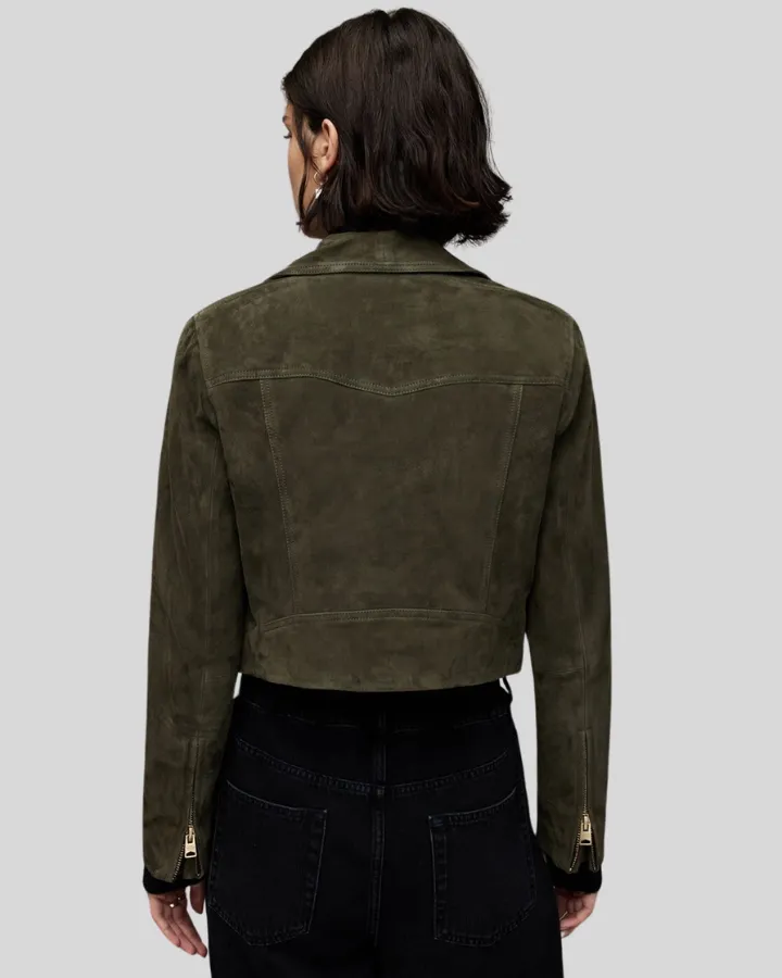 Beyza Olive Green Suede Biker Leather Jacket