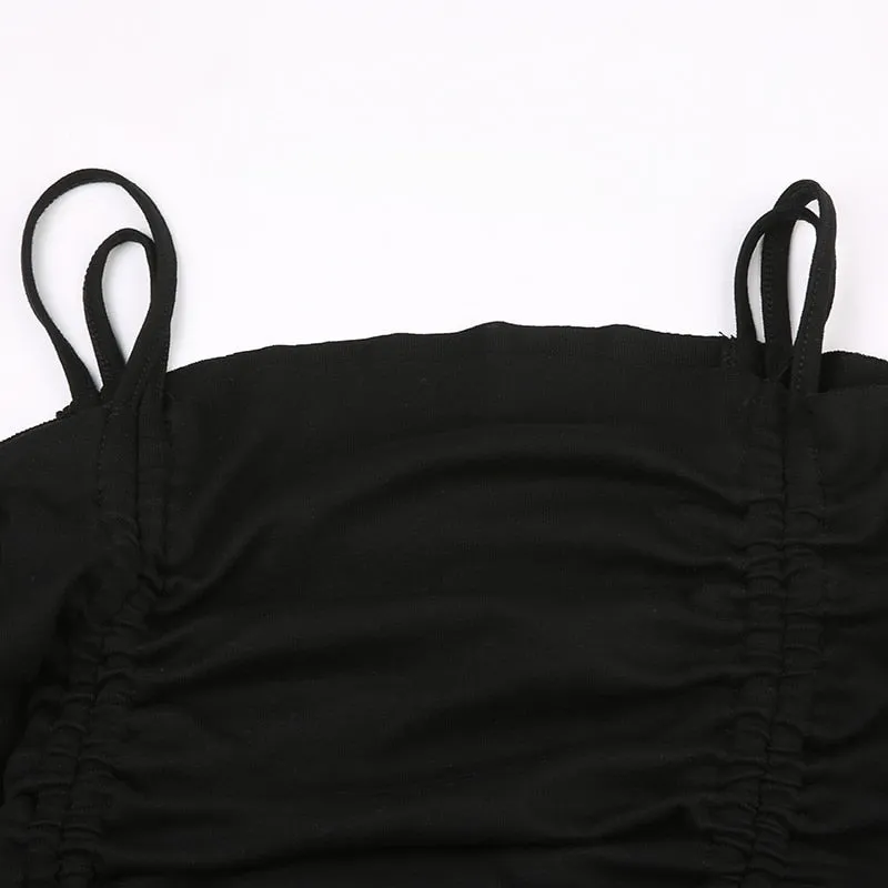 Black Drawstring Shirring Off Shoulder Top