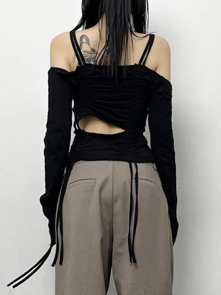 Black Drawstring Shirring Off Shoulder Top