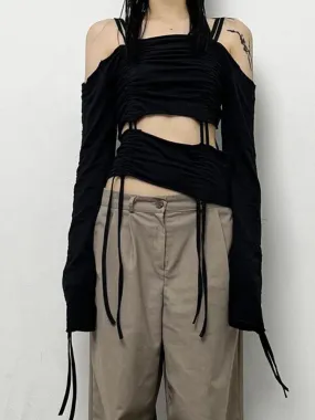 Black Drawstring Shirring Off Shoulder Top