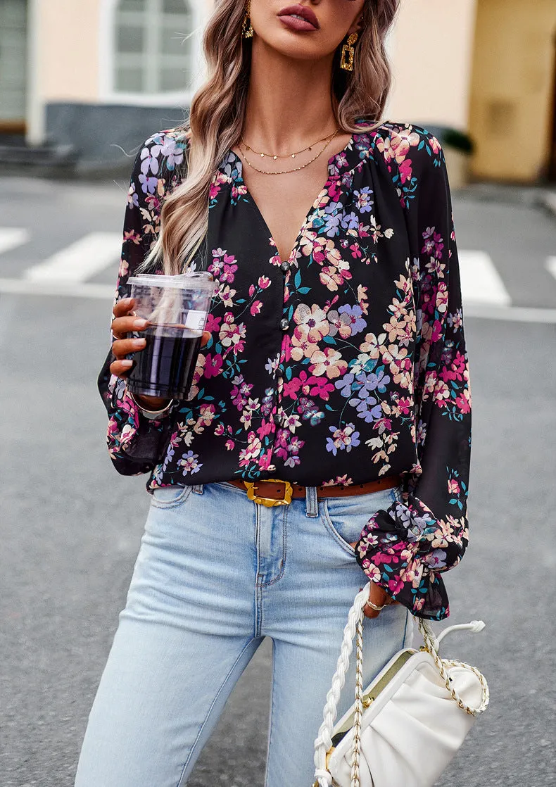 Black Floral Print V-Neck Long-Sleeved Loose Shirt Top