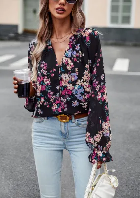 Black Floral Print V-Neck Long-Sleeved Loose Shirt Top