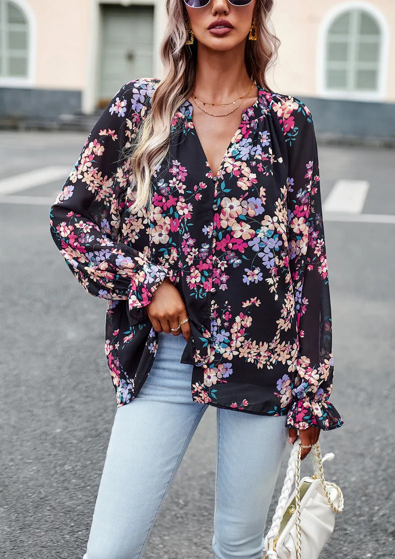 Black Floral Print V-Neck Long-Sleeved Loose Shirt Top