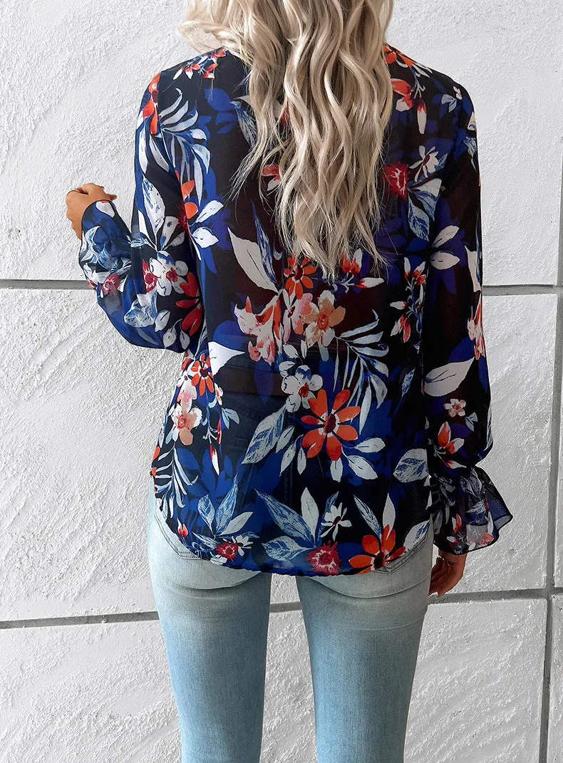 Black V Neck Casual Boho Floral Blouse Shirts