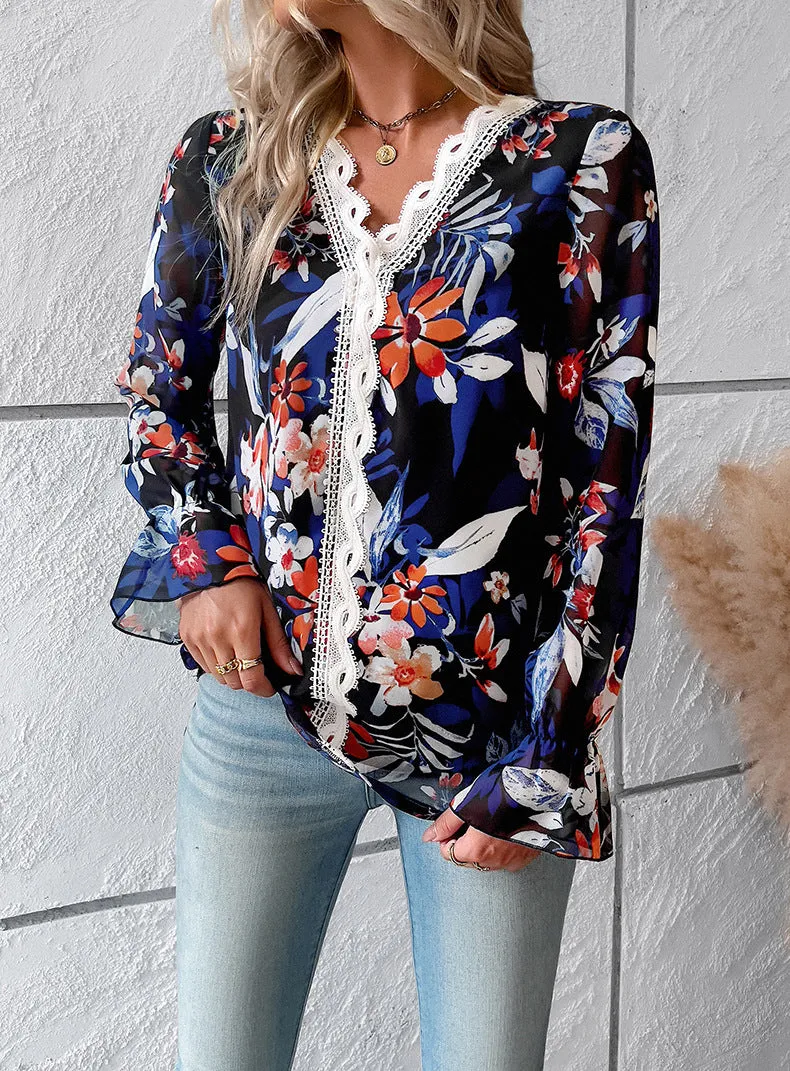 Black V Neck Casual Boho Floral Blouse Shirts