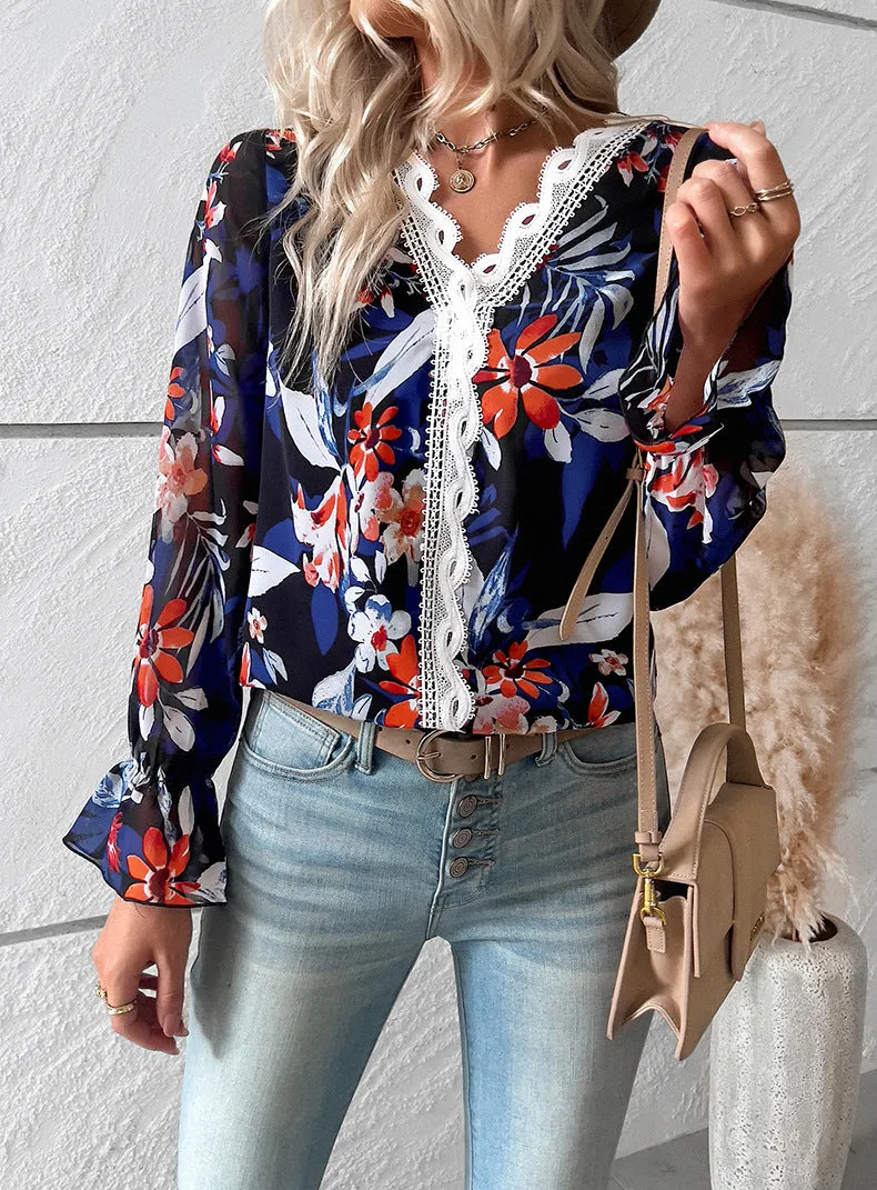 Black V Neck Casual Boho Floral Blouse Shirts