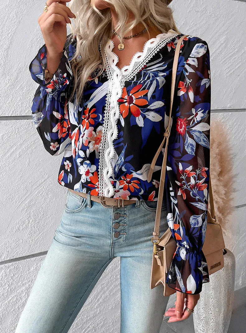 Black V Neck Casual Boho Floral Blouse Shirts