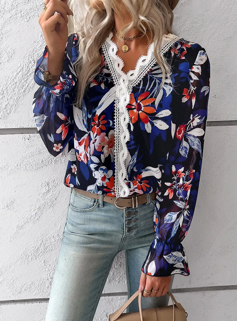 Black V Neck Casual Boho Floral Blouse Shirts