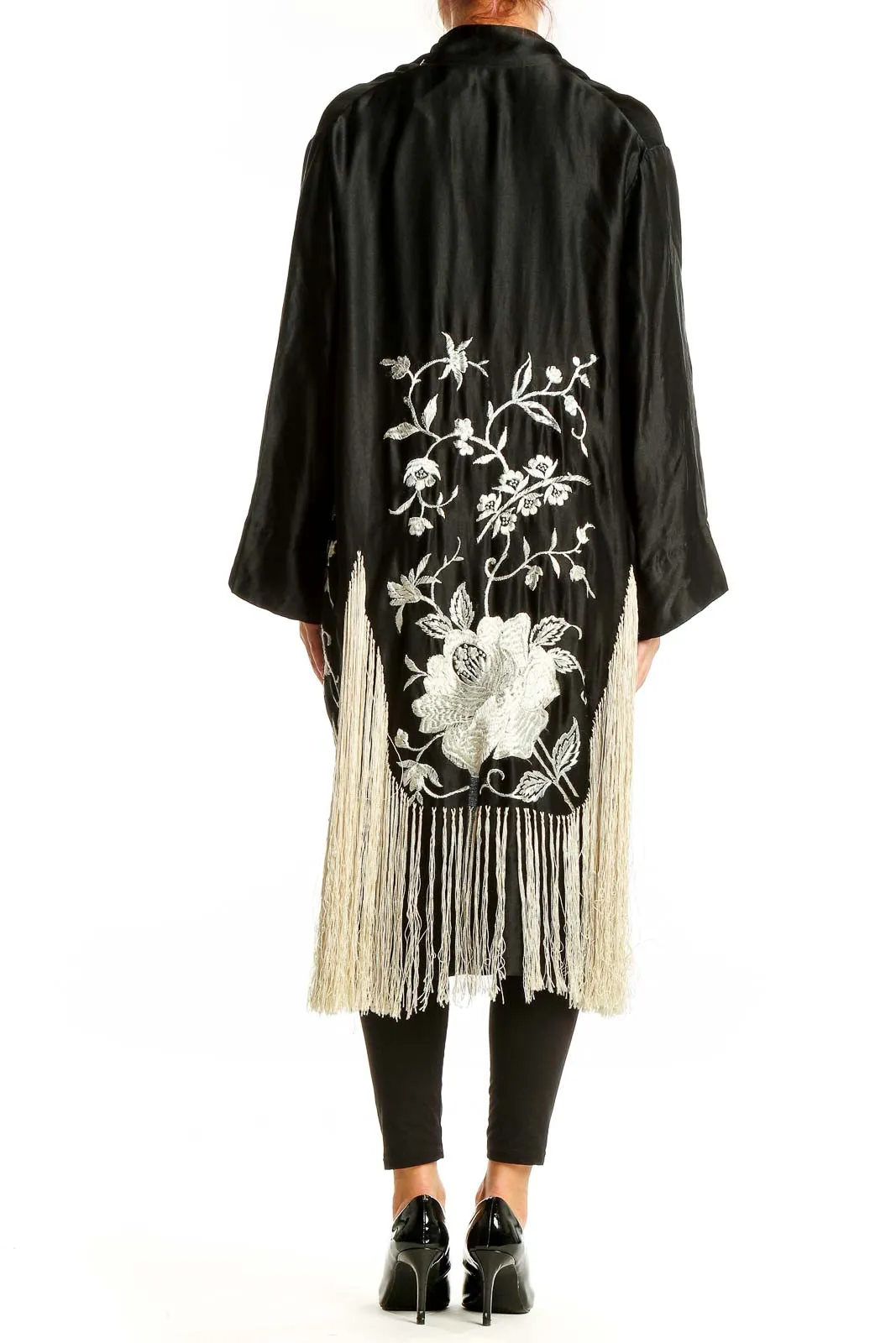 Black White Vintage Floral Embroidery Kimono