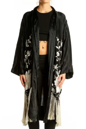 Black White Vintage Floral Embroidery Kimono