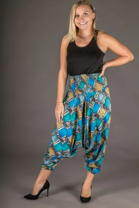 Blue Gold Print Cotton Harem Yoga Jumpsuit Pants