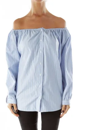 Blue Pin-stripe Off-shoulder Shirt