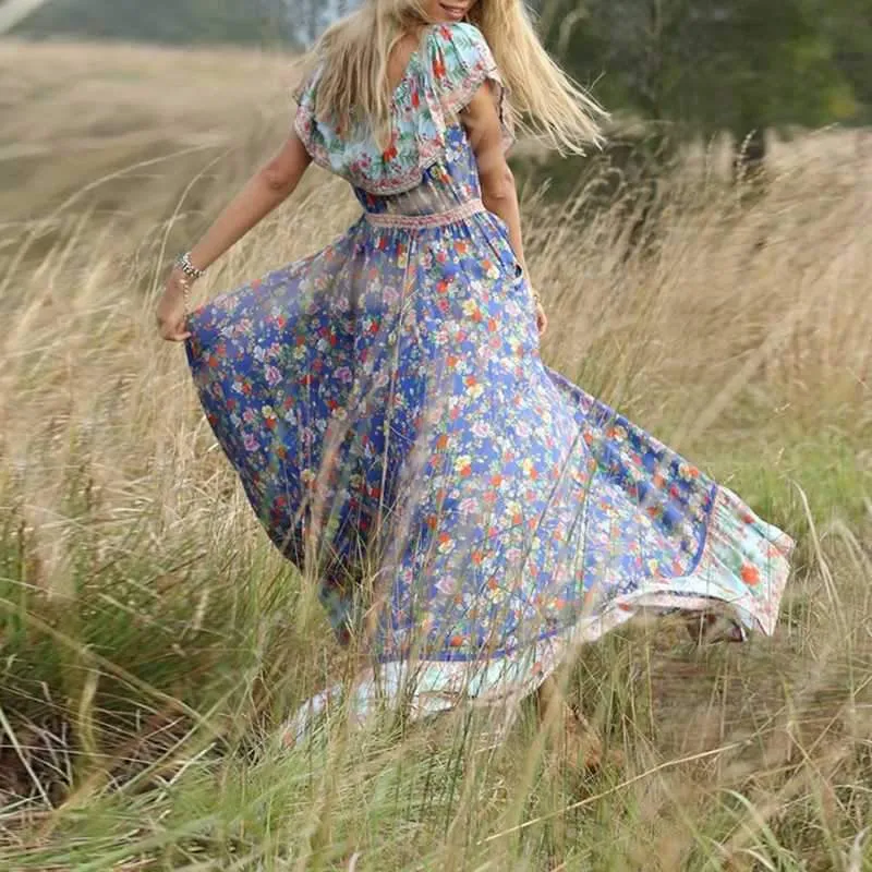 Bohemian Hippie Floral Flounce Off The Shoulder Maxi Dress