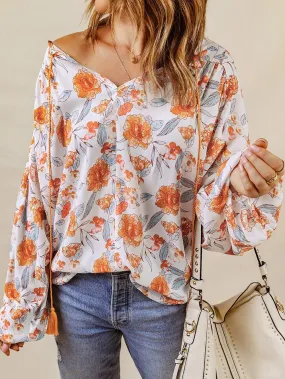 Bohemian Orange Floral V Neck Blouse with Tassel Detail