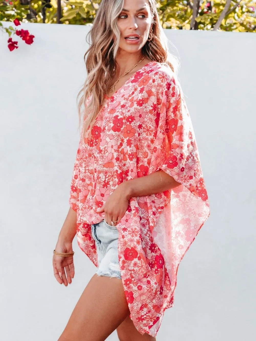 Bohemian Pink Floral Kimono Sleeve Blouse