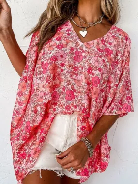 Bohemian Pink Floral Kimono Sleeve Blouse