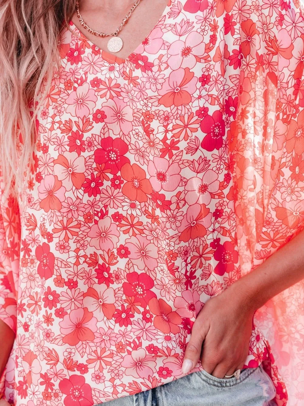 Bohemian Pink Floral Kimono Sleeve Blouse