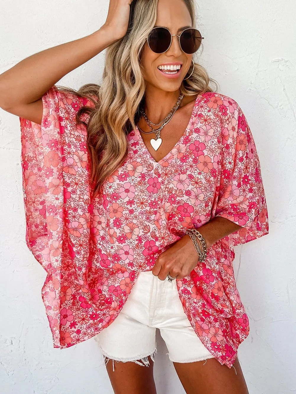 Bohemian Pink Floral Kimono Sleeve Blouse