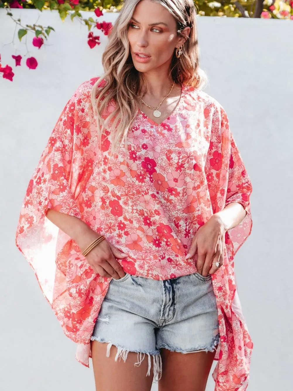 Bohemian Pink Floral Kimono Sleeve Blouse