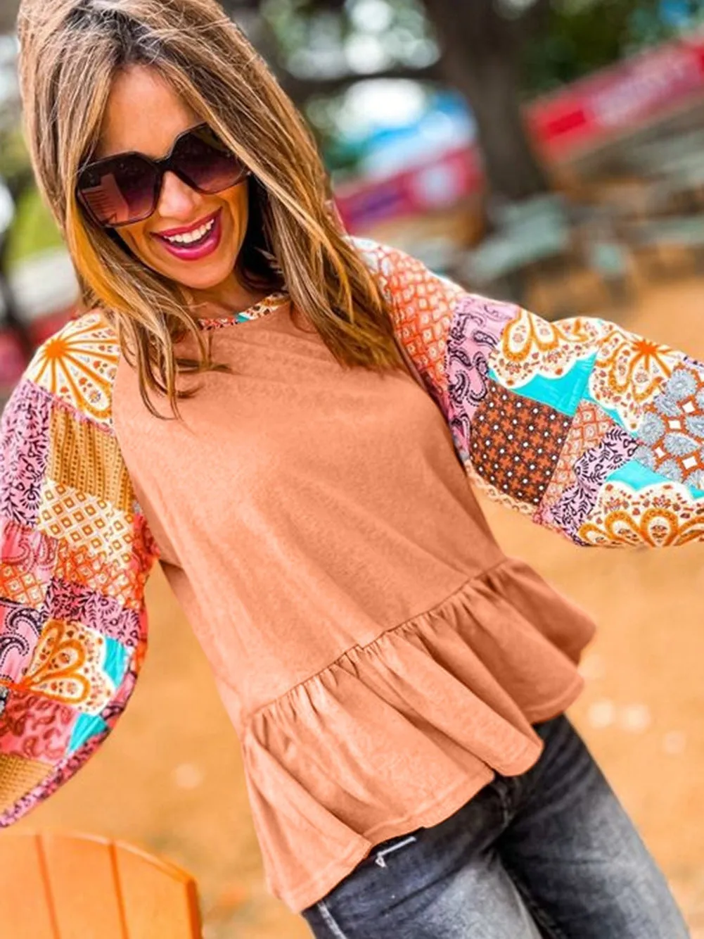 Boho Chic Orange Paisley Raglan Blouse with Ruffle Detail