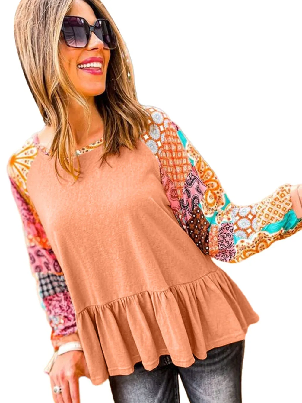 Boho Chic Orange Paisley Raglan Blouse with Ruffle Detail