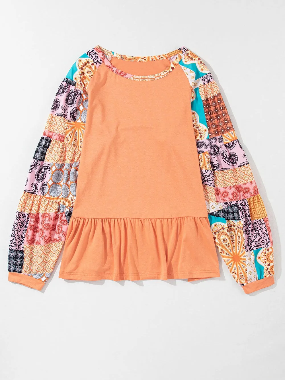 Boho Chic Orange Paisley Raglan Blouse with Ruffle Detail