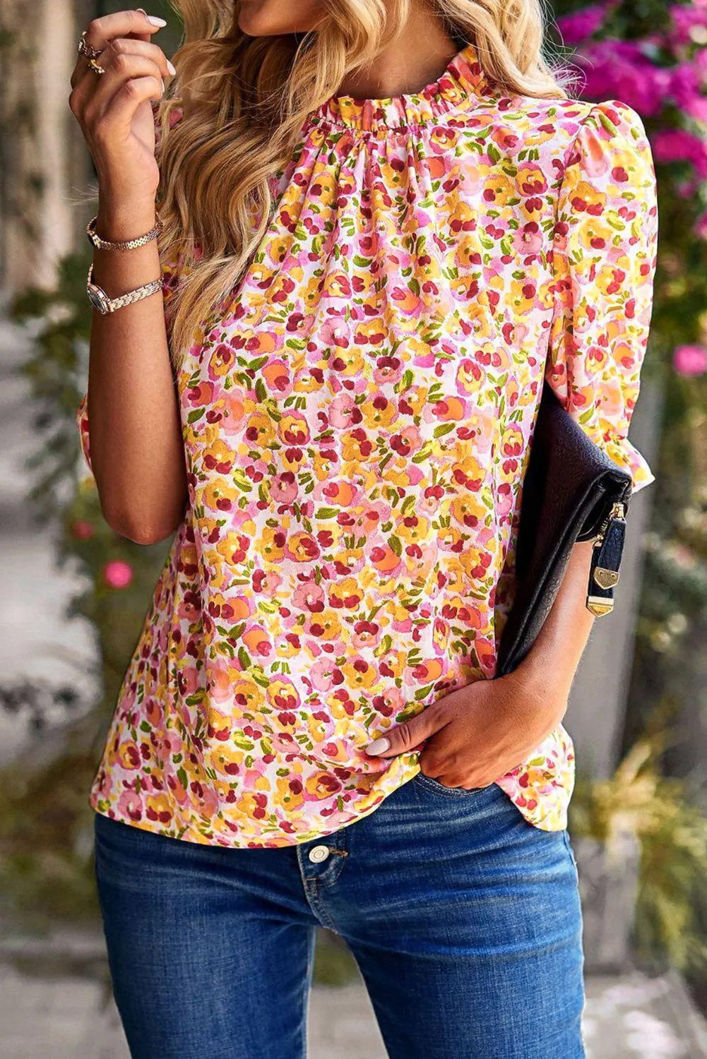 Boho Floral Ruffle Short Sleeve Frill Mock Neck Blouse