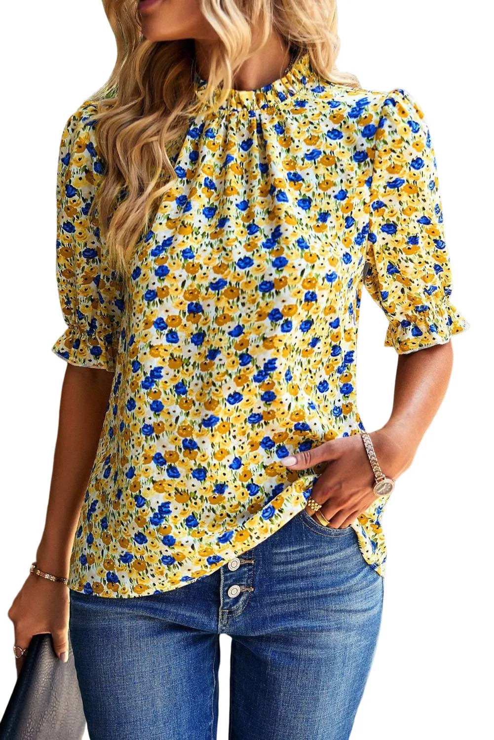 Boho Floral Ruffle Short Sleeve Frill Mock Neck Blouse