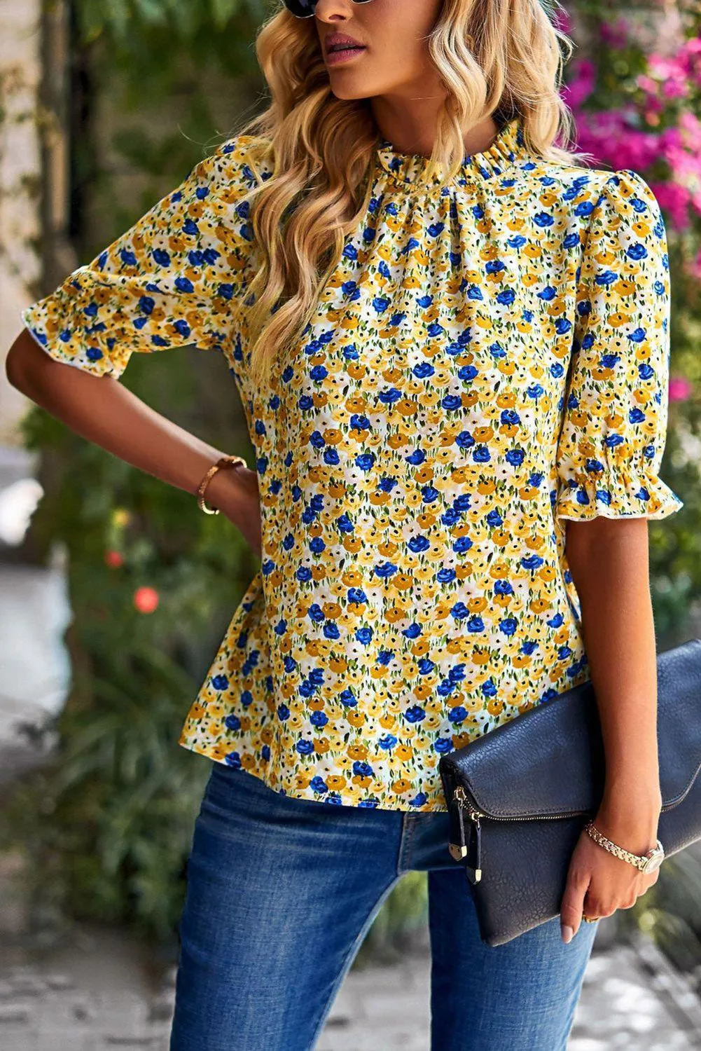 Boho Floral Ruffle Short Sleeve Frill Mock Neck Blouse