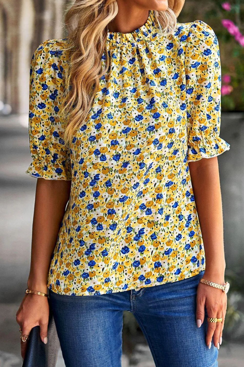 Boho Floral Ruffle Short Sleeve Frill Mock Neck Blouse