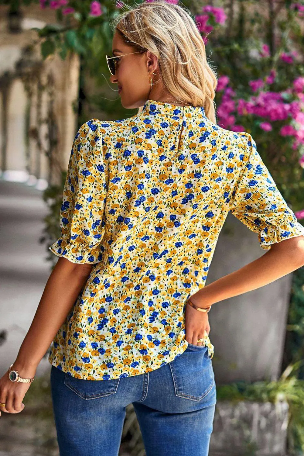 Boho Floral Ruffle Short Sleeve Frill Mock Neck Blouse