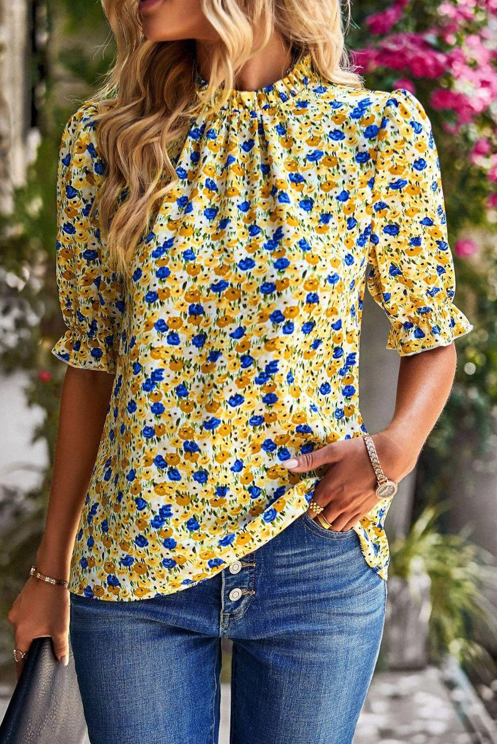 Boho Floral Ruffle Short Sleeve Frill Mock Neck Blouse