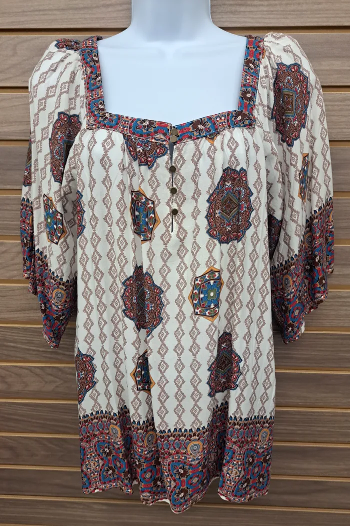 Boho paisley square neck half button