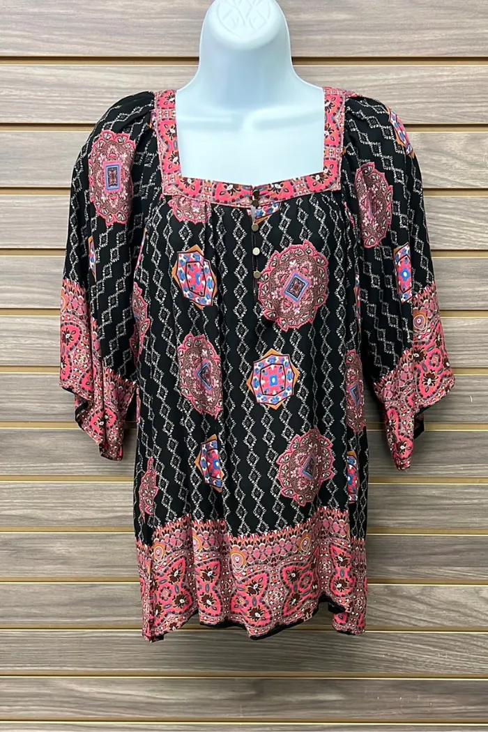 Boho paisley square neck half button