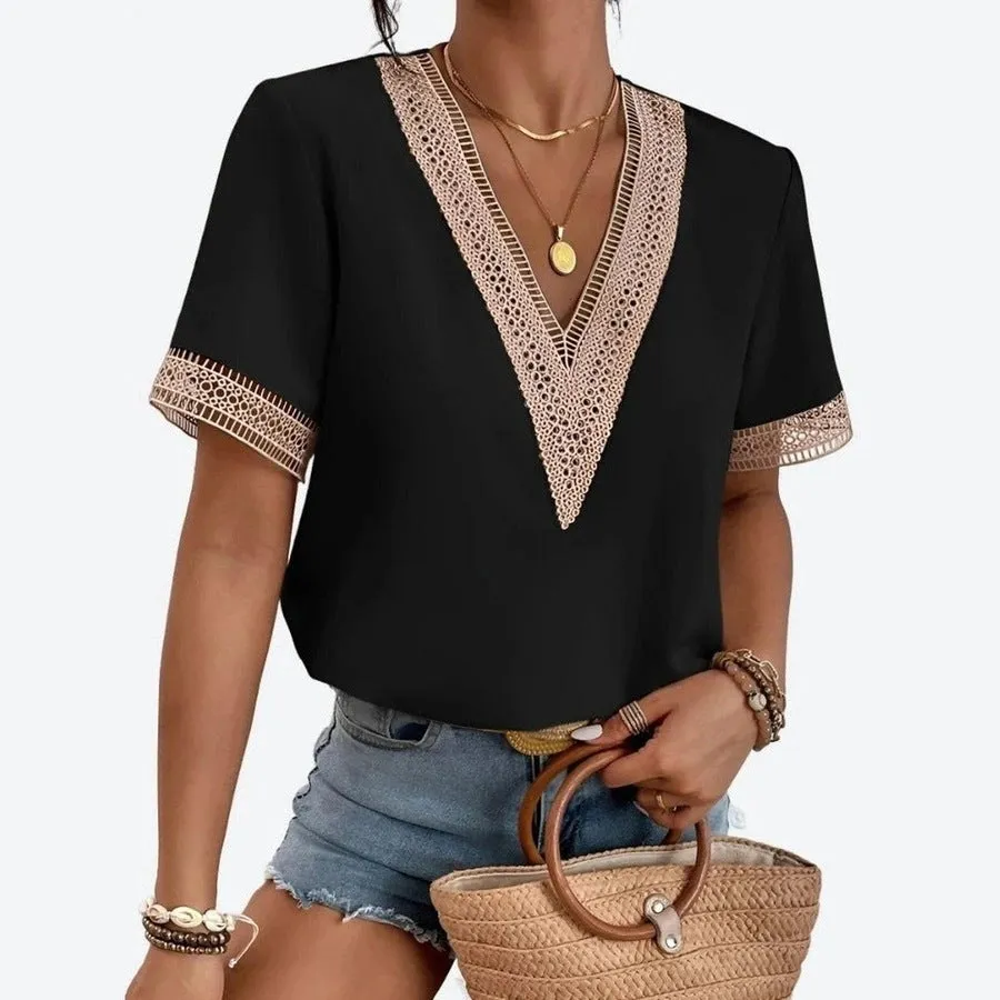 Boho V-Neck Lace Trim Blouses