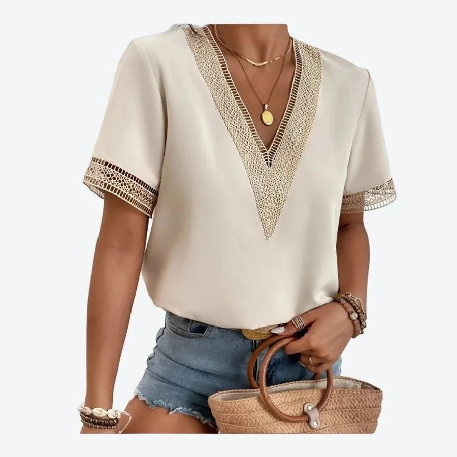 Boho V-Neck Lace Trim Blouses