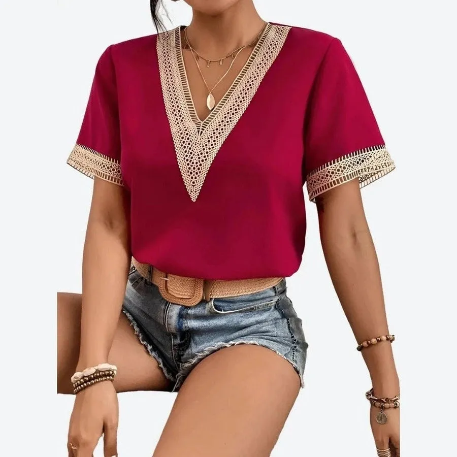 Boho V-Neck Lace Trim Blouses