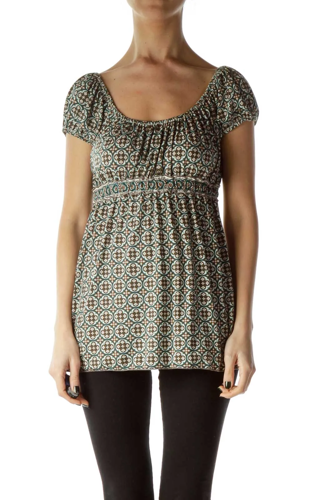 Brown Green Off-Shoulder Print Blouse