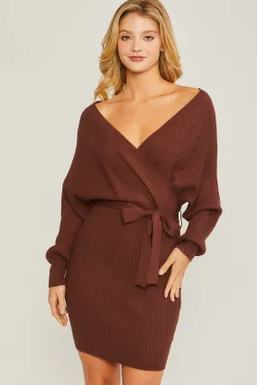 Brown Off Shoulder Wrap Belted Ribbed Knit Dress