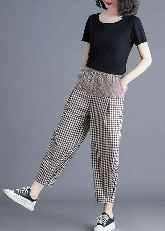 Casual Khaki Plaid Elastic Waist Patchwork Linen Harem Pants Summer